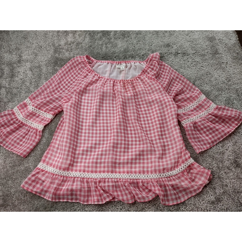 JOHN PAUL RICHARD WOMENS PINK PLAID LAYERD BELL SLEEVE RUFFLE BOTTOM TOP MEDIUM - Picture 1 of 10